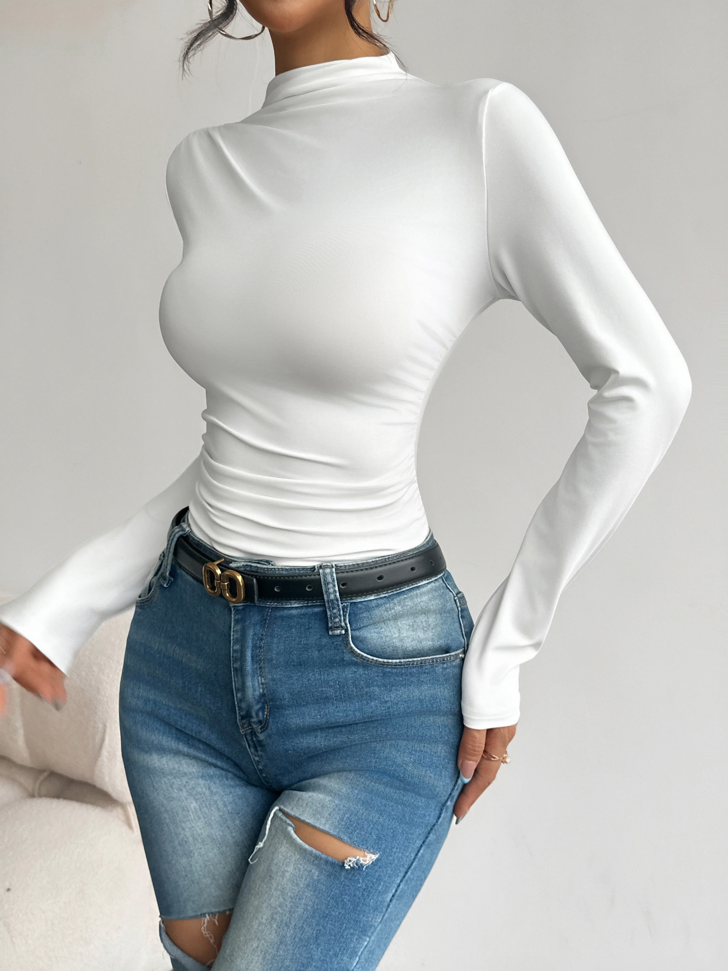 Halbhoher Kragen, plissierte Taille, schlank machendes, langärmliges Basic-Shirt für Damen, vielseitiges Oberteil für Frühling und Herbst. – Detail 13