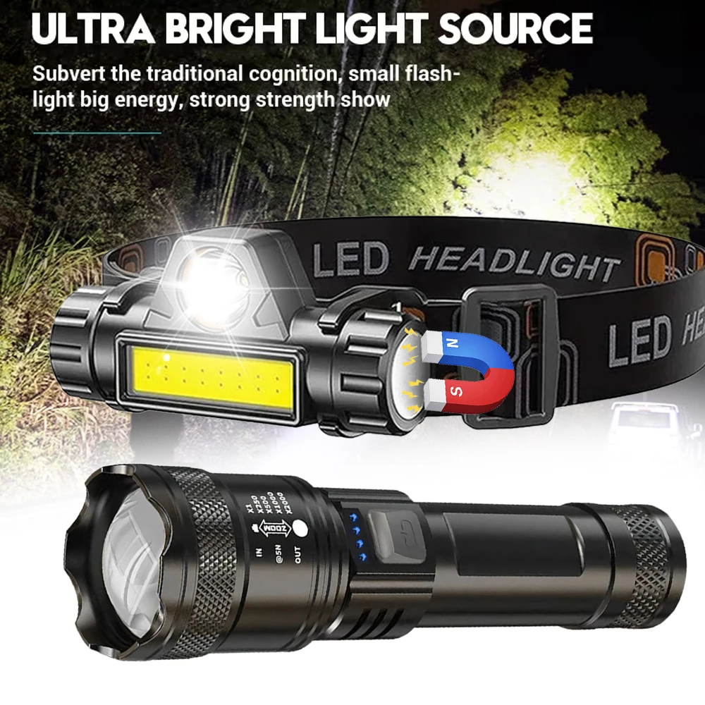 Ultra Bright LED Flashlight Type-C Rechargeable Long Range Zoom Tactical Head Torch Outdoor Emergency Camping Fishing Lantern