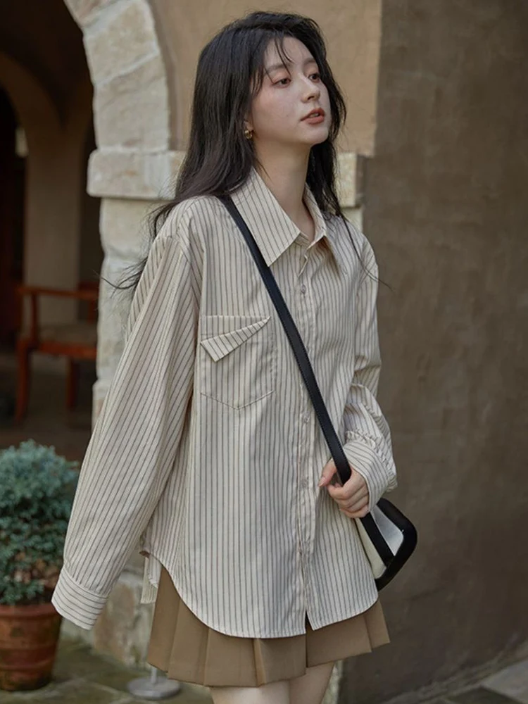 

Women Sweet Elegant Striped Shirt Simple Vintage Loose Korean Blouse Harajuku All Match Long Sleeve Retro Female Tops New