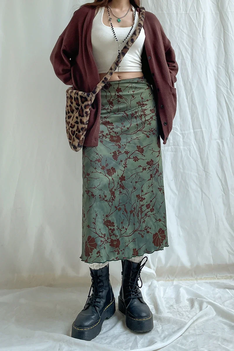 Rockmore groene bloemen bedrukte midi rok Fairycore Grunge Y2K esthetiek Vintage lage taille dames Harajuku outfit kleding