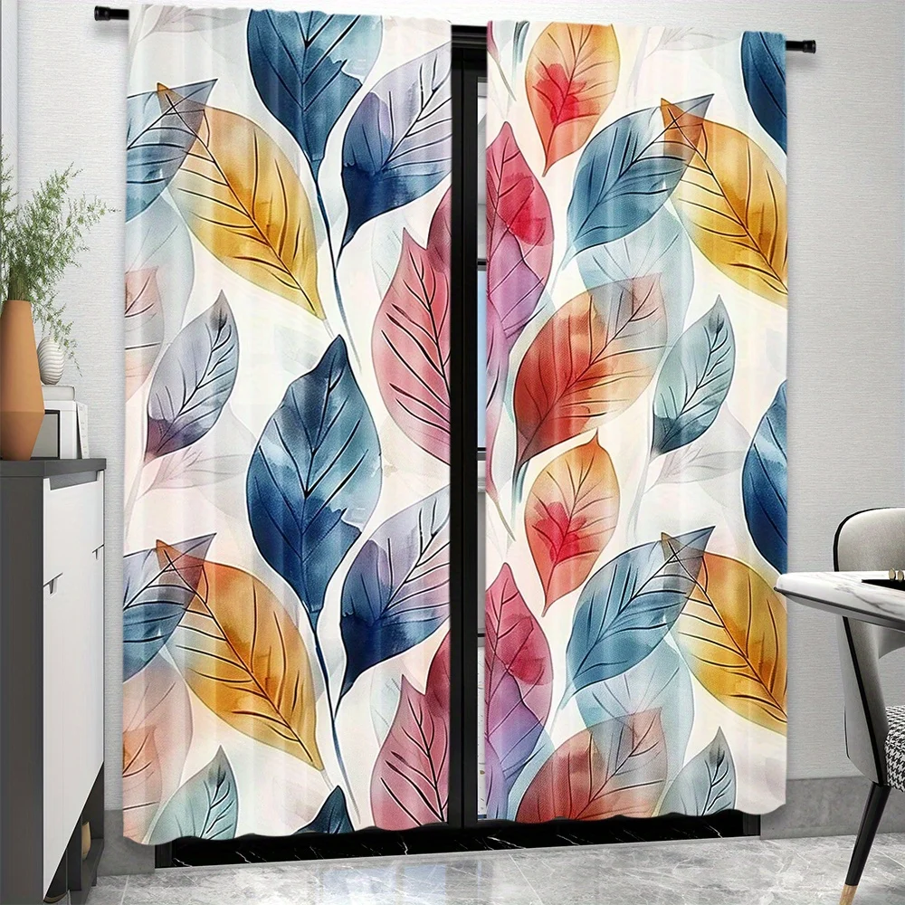 Watercolor colored leaf printed curtains are suitable for living rooms, bedrooms and farmhouse machine washable with ripples