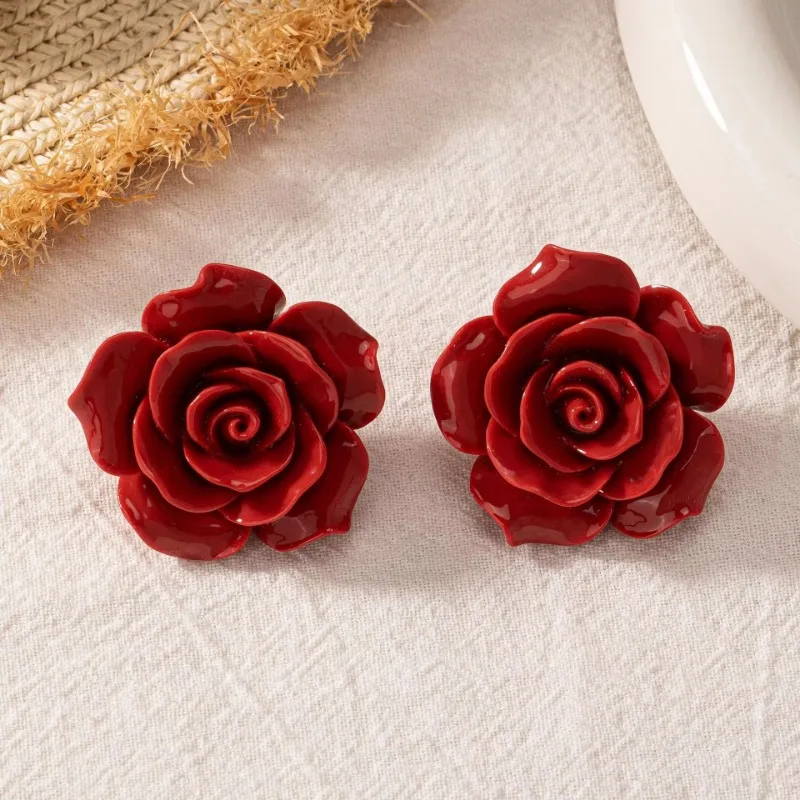 Stud Earrings For Women Red Rose Flower Retro Minimalist Geometric Ear Accessories Fashion Jewelry BE561