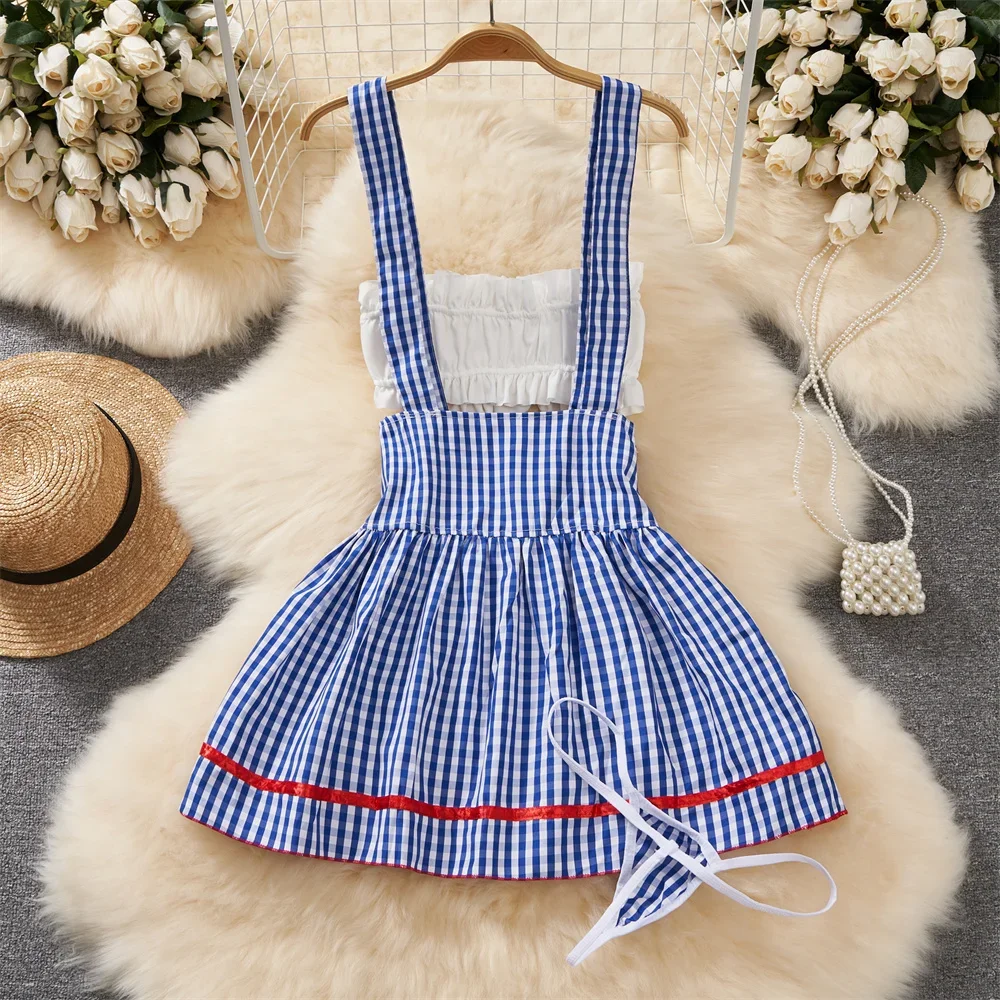 

Sexy Girl's Lingerie Women's Secret Clothes Japanese Sweet Cute Strap Skirt Set Ruffle Bow Crop Top Kawaii Plaid Short Skirt