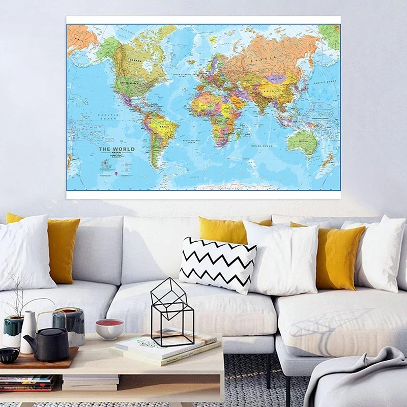 150*100cm Political Map of The World Detailed Wall Poster Clear Printed Canvas Paintings Classroom Home Decor School Supplies