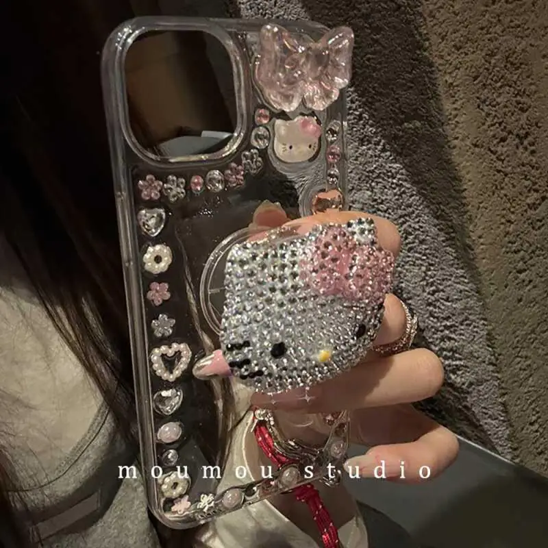 

Super Cute Kt Cat Diamond Apple Phone Case with Stand Transparent Girls Students Case for Iphone15 14 13 12 Pro Promax Case Gift