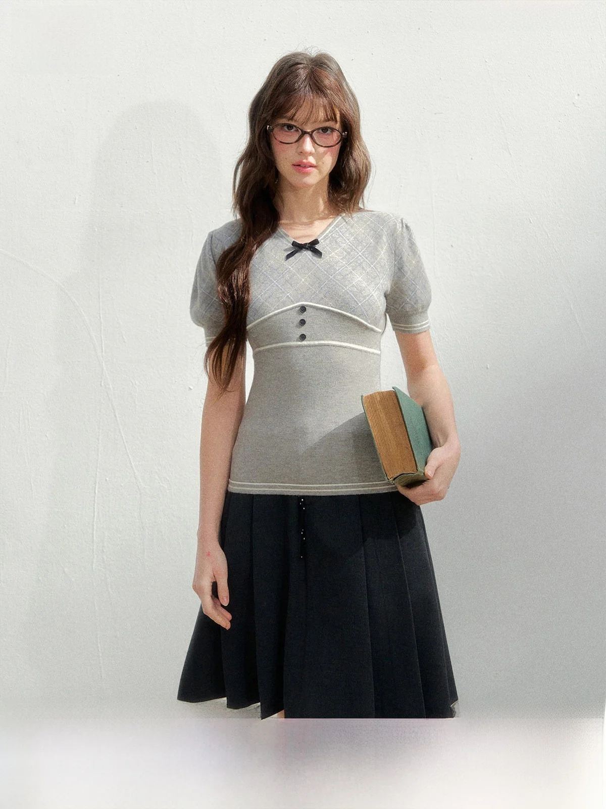 

SunsetPark Original Vintage College Sle Knitted ort Sve T-irt Women Summer Top Glue Two-Piece Bubble Sve V-Ne R...