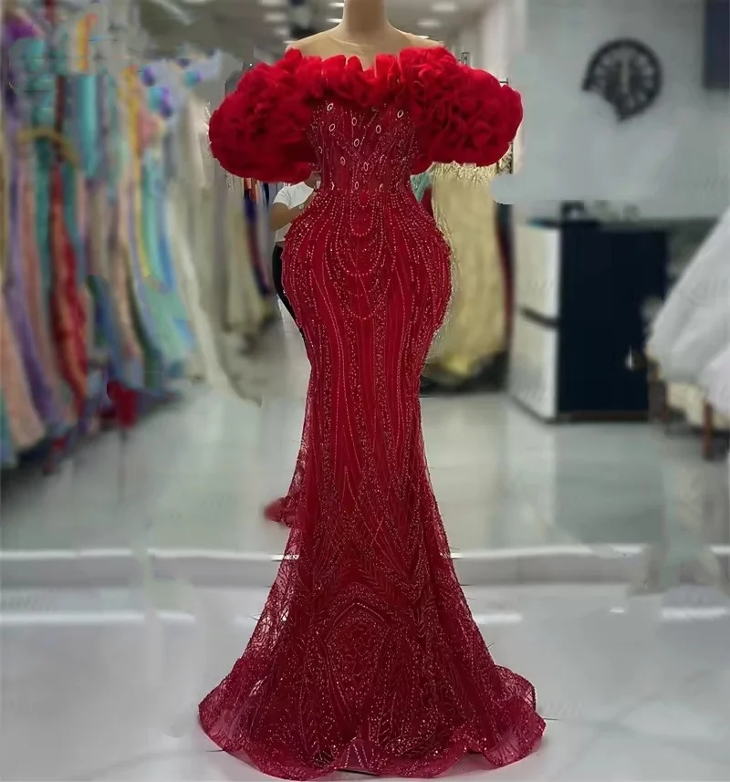 

Designer Red Mermaid Party Dress Beads Crystal Arabic Ruffles Saudi Arabia Women Evening Gown Long Prom Dresses Customized