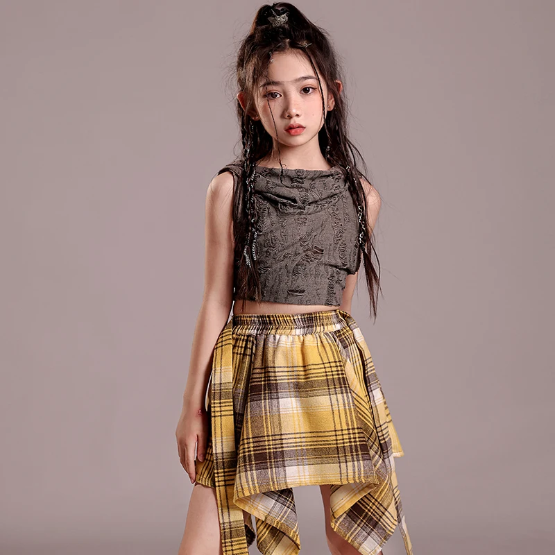 

CUHK Girls' Summer Trendy Cool Street Dance Wind Broken Hole Grey Coffee Top Yellow Checkered Short Skirt Set