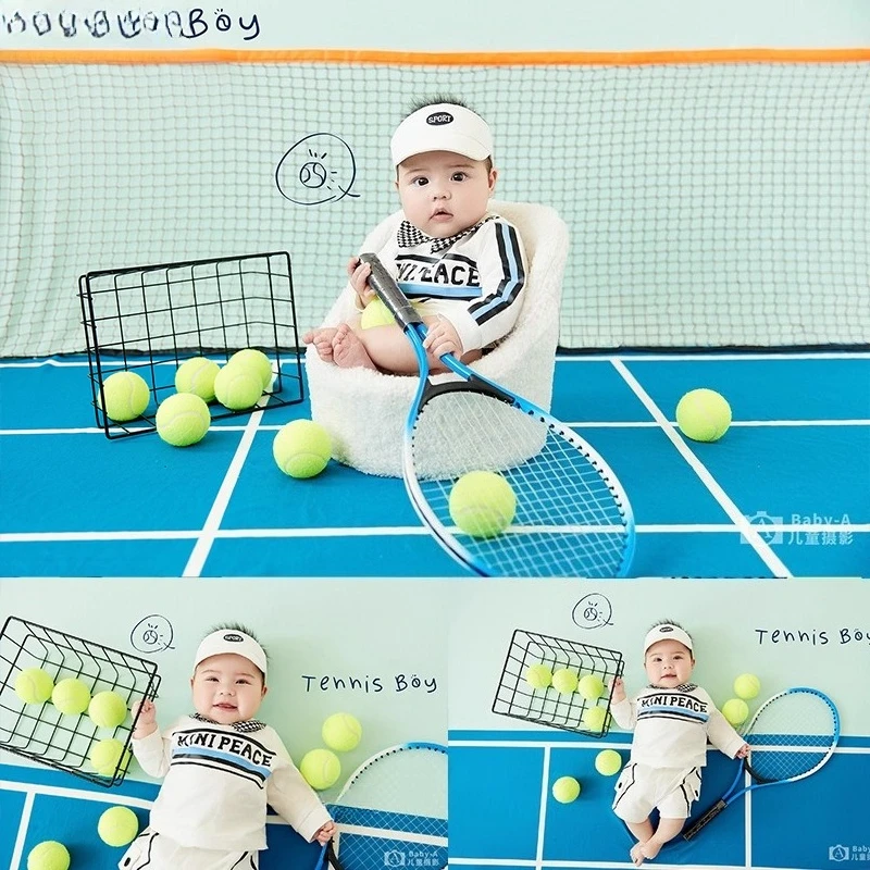 

Baby Photography Clothing Tennis Vigor Sports Theme Set Backdrop Outfit Cap with Balls Decors for Kid Studio Photoshoot Props