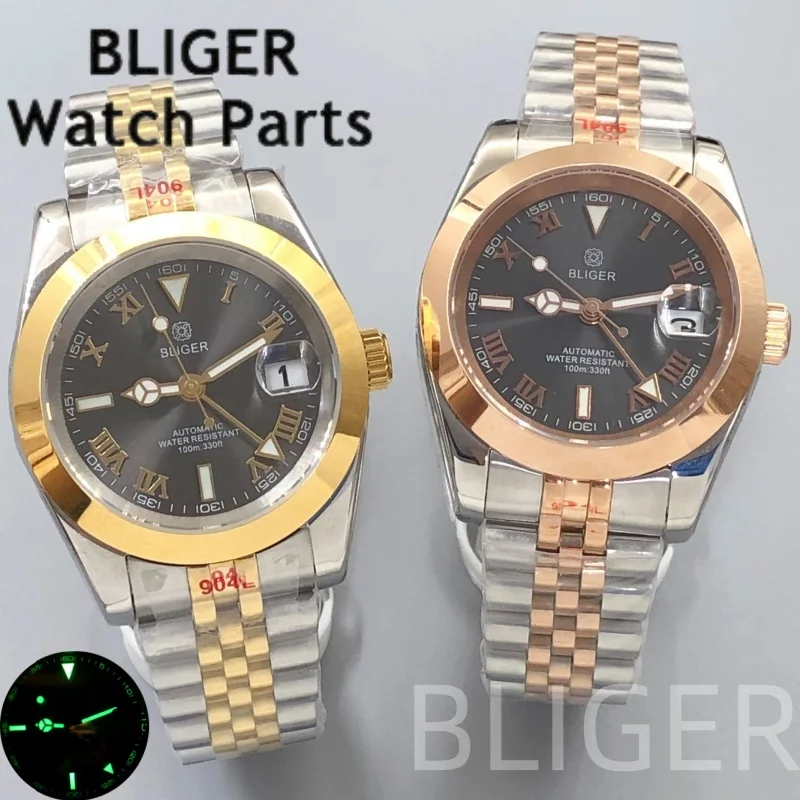 

BLIGER 36 мм 39 мм GMT мужские NH34 механические наручные часы для дайвинга розовое золото/золото римские цифры серый циферблат сапфировый двухцветный стальной ремешок