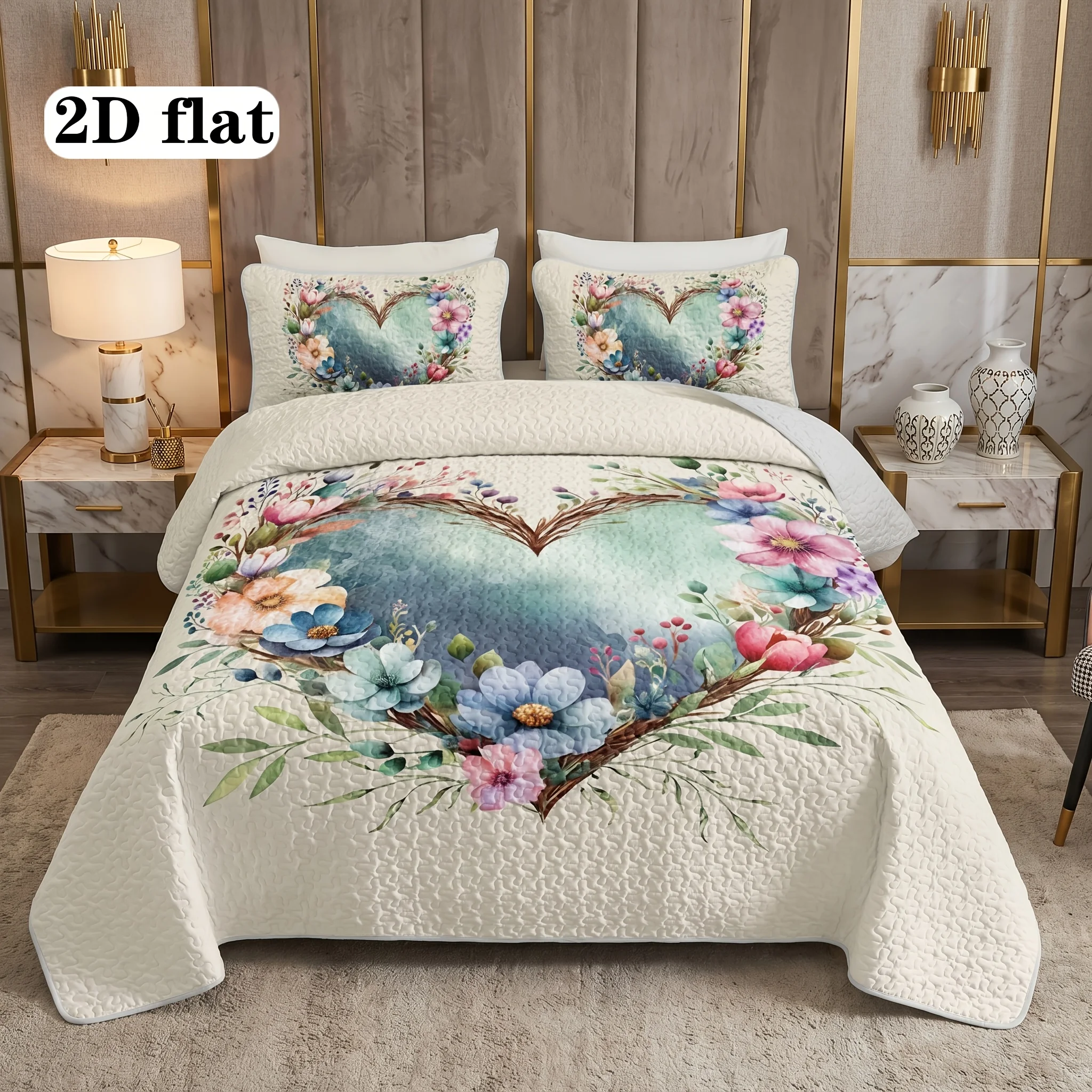 2/3PCS Pure Elegant Love Heart Flowers And Plants Quilted Quilt, 2D Flat 1pc Quilted Quilt+ 1/2 Pcs Pillowcases, Soft Breathable Comfortable Portability Hypoallergenic Machine Washable Bed Cover Bedding Room Decor Twin/ Queen/ King Size