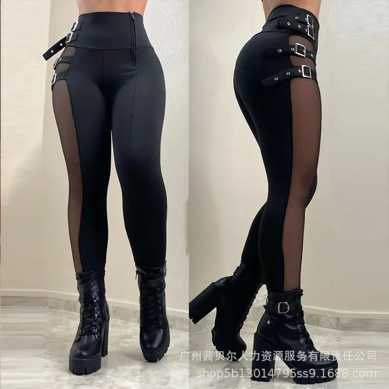 Mesh Patch Buckled High Waist Pants Women Patchwork High Waist Streetwear Sheath Flat Sexy Pockets Pencil Pant Ankle Length Belt