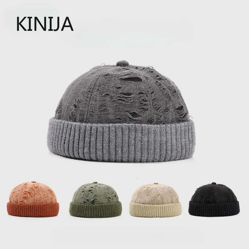 Men's Beanie Cap Knit Hat Boy Skullcap Sailor Cap Cuffs Solid Color Unisex Autumn Warm Cap Korean Version Small Face Cold Hat