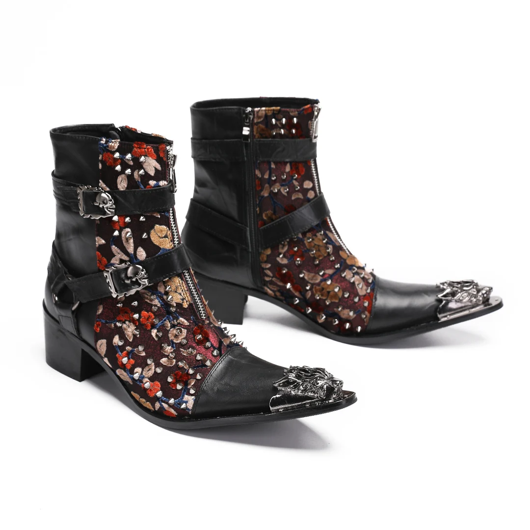 

Botas Flower Genuine Leather Men Motorcycle Short Boots Plus Size Pointed Toe Business Formal Dress Shoes Male Party Ankle Boots