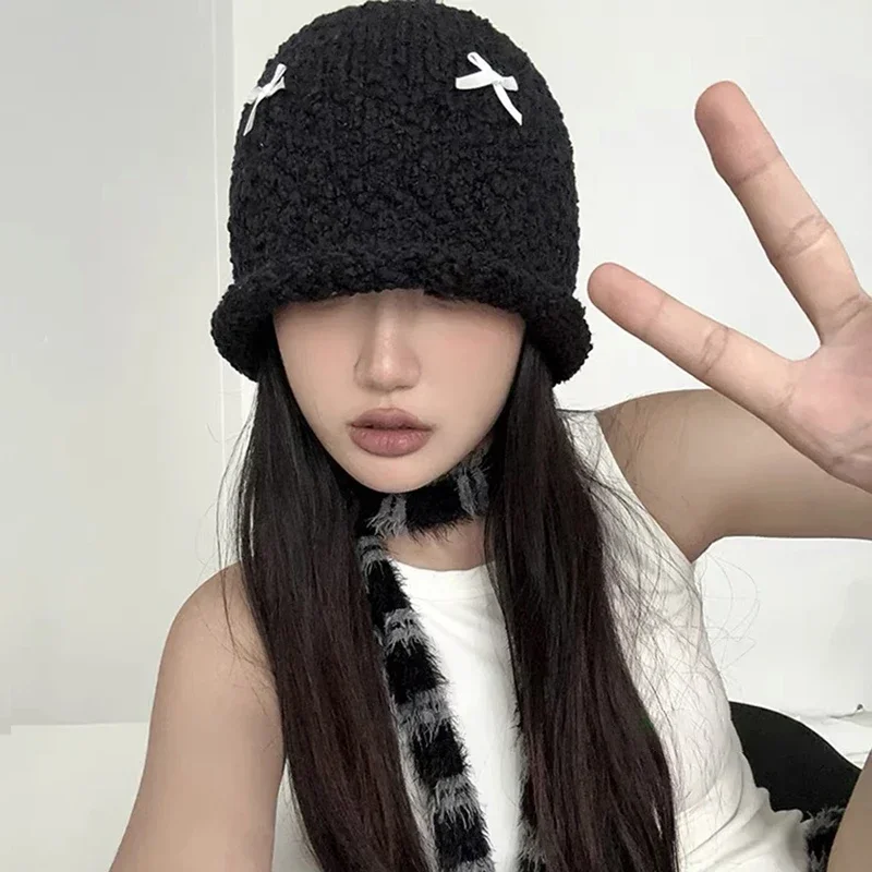 Ins Bow Knot Knitted Beanie Hats Korean Women Fashion Y2k Wool Hat Ear Protection Warm Autumn and Winter Cap Ski Beanie Hats