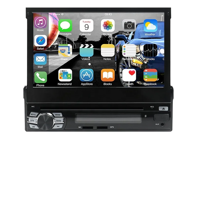 7 Inch Retractable Touch Screen Carplay Mirror Link BT FM 1Din Auto Radio Dashboard GPS Car Stereo MP5 Player Backup Camera USB