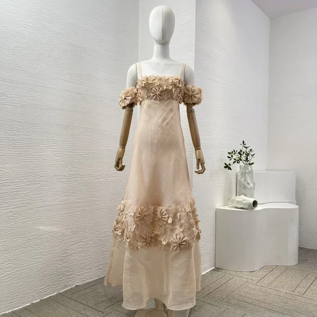 Linen Silk Elegant Women Holiday Top Quality Nude Flower Three-dimensional Decoration Off The Shoulder Tube Maxi Dress for Party