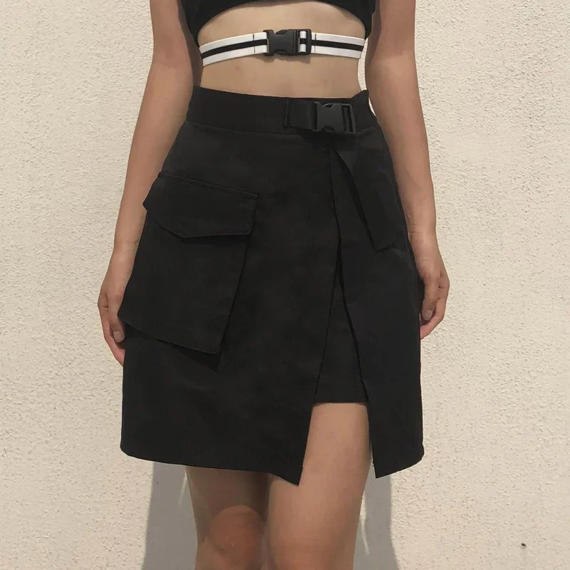 

Female Korean Fashion Skirts with Plastic Buckle Belt Summer Women High Waist Gothic Black Harajuku Skirts Hip Hop Streetwear