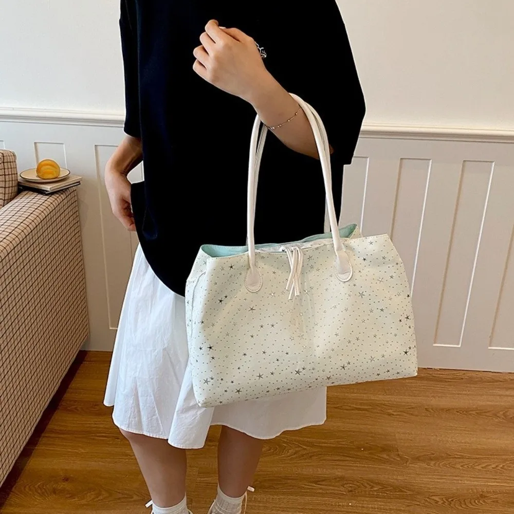 Durable Multi-Compartment Tote Bag Large Capacity Star Printed Nylon Shoulder Bag Simple Solid Color Versatile Handheld Bag