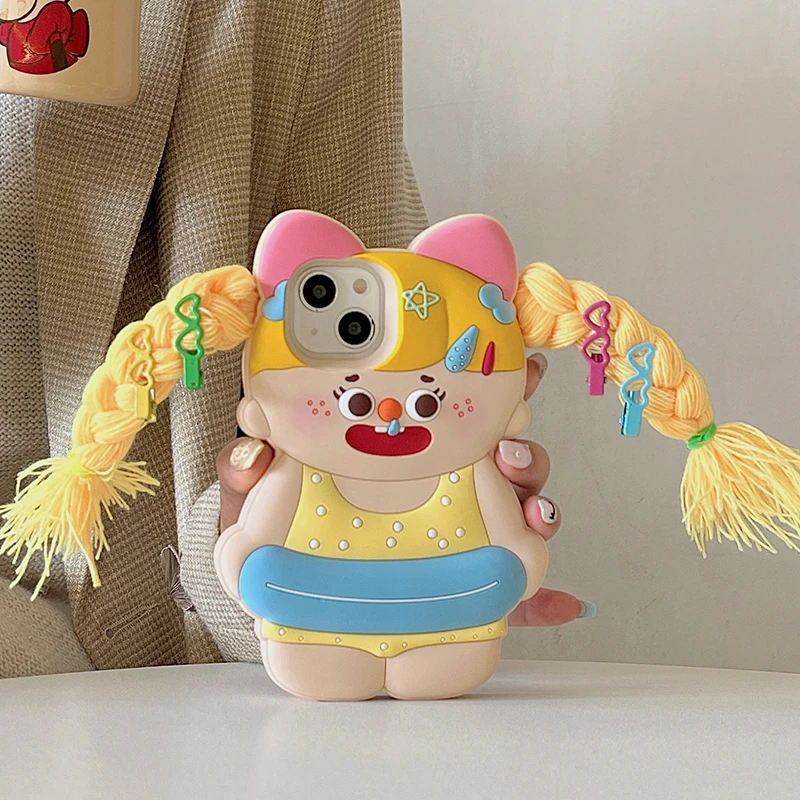

Korean pop diy pigtail Cute Girls 3D Phone Case For iphone 15 13 12 14 Pro Max i11 13Pro 15pro 14promax kid Soft Silicone Cover