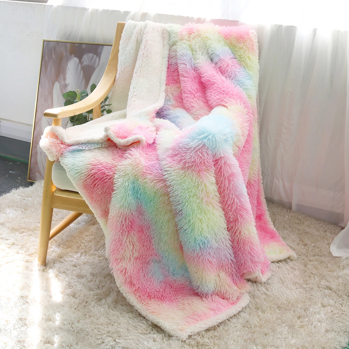 Coperta Shaggy arcobaleno coperta in peluche in pelliccia sintetica per bambini e adulti coperta Super morbida per divano letto