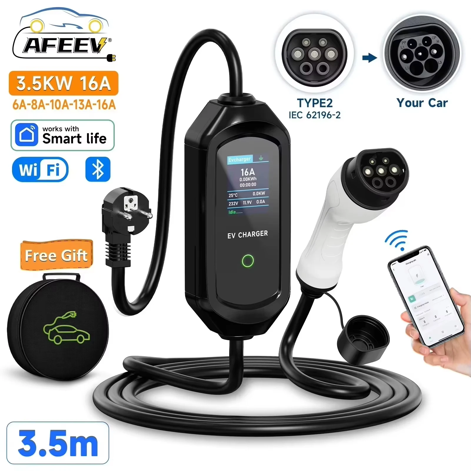 AFEEV Draagbare EV-oplader Type2 IEC62196-2 EVSE Snelle oplaadkabel Type1 SAE J1772 Wallbox WiFi APP Bluetooth Draadloze bediening
