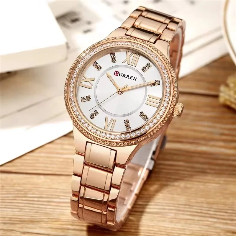 CURREN 9004 Women's Quartz Watch Elegant Fashion Luxury Diamond Rose Gold Silvery Stainless Steel Strap Wristwatch for Ladies ﻿