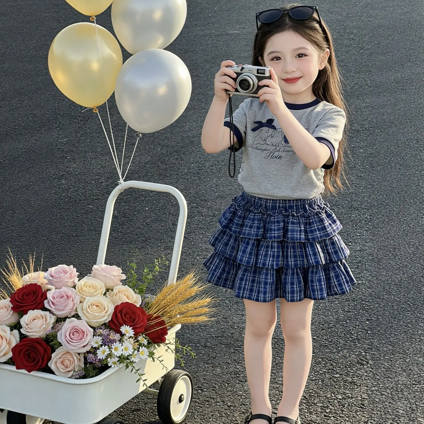girl's navy blue checkered lace cake dress, summer slimming stylish fashionable children skirt Toddler Kids Princess Skirts