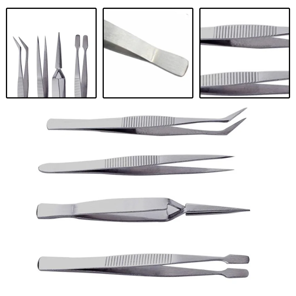 4 stücke Edelstahl Pinzette Verdickt Präzision Industrielle Pinzette Dressing Gerade Gebogen Clip Reparatur Hand Werkzeug