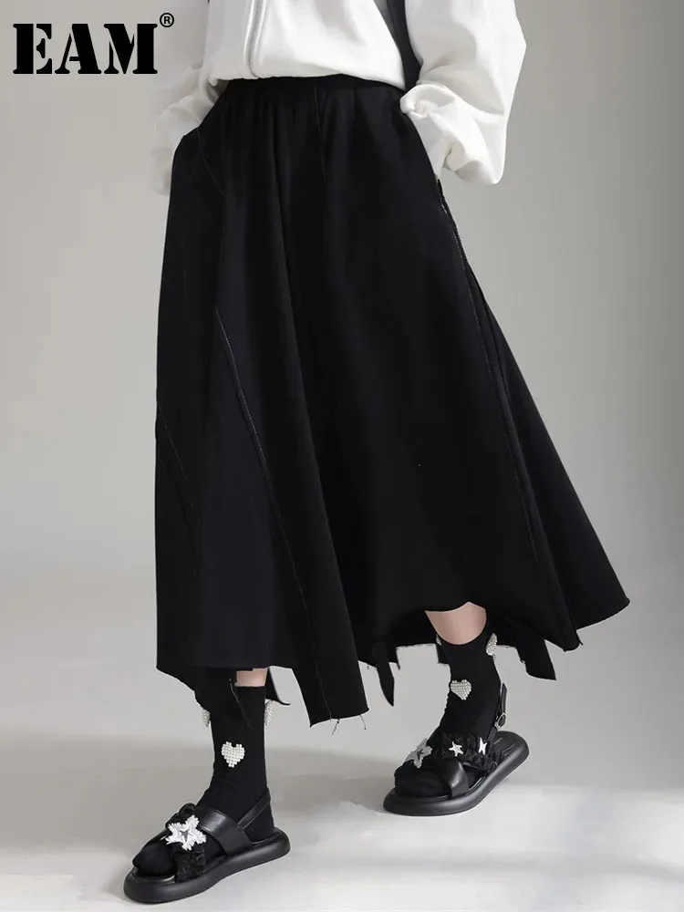 

[EAM] High Elastic Waist Black Irregular Topstitched Midi Half-body Skirt Women Fashion Tide New Spring Autumn 2024 1DH1873