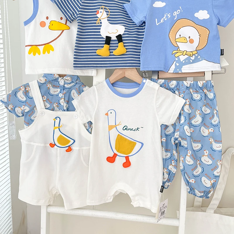 Summer Newborn Baby Boy Baby Girl Duck Series Cotton Cute Baby Short Sleeve Suspenders Multi-piece Fashion Children\'s Clothes