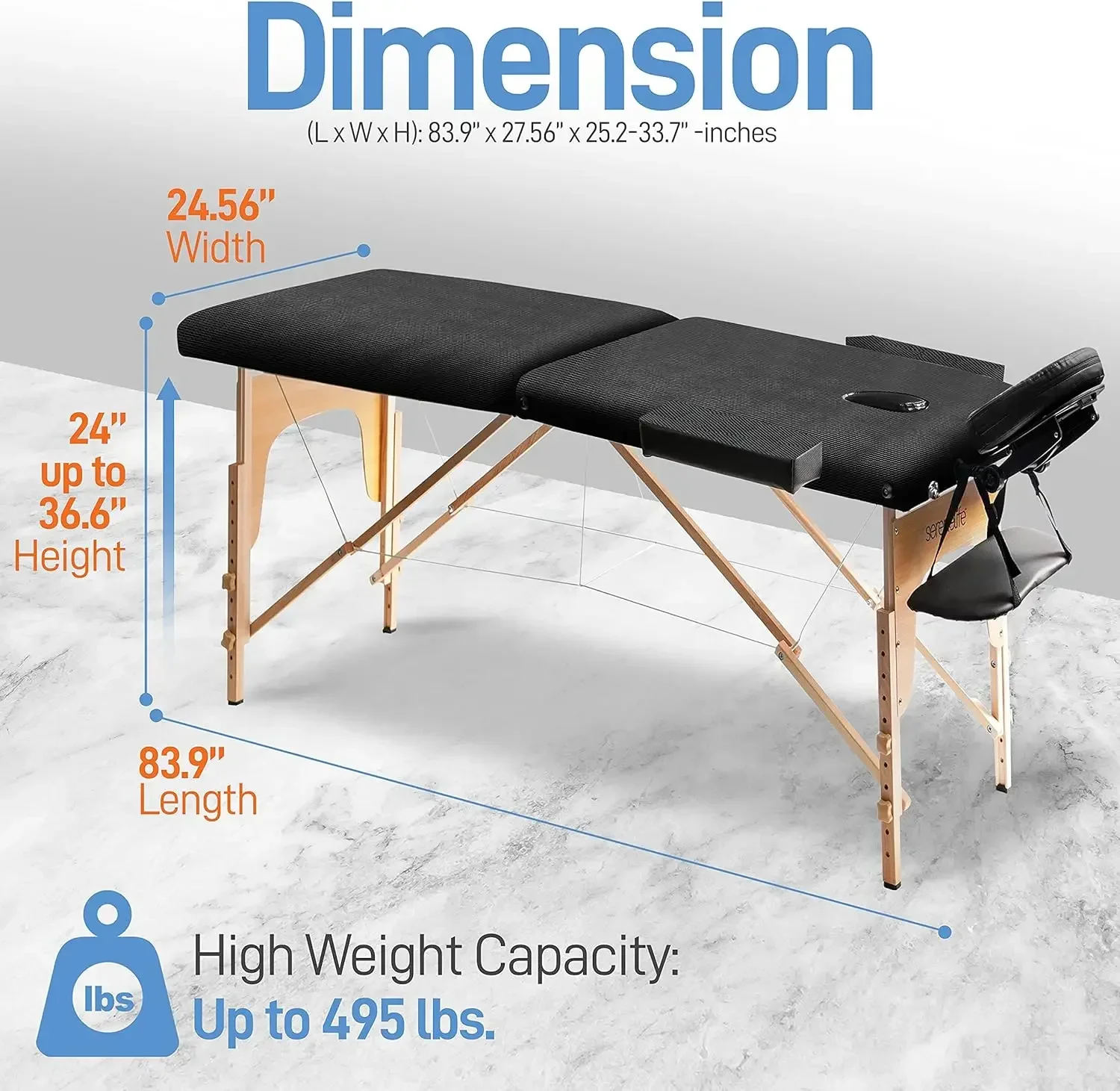 Serene-Life Massage Table, 83.9x27.56x25.5 Inch (Pack of 1), Black