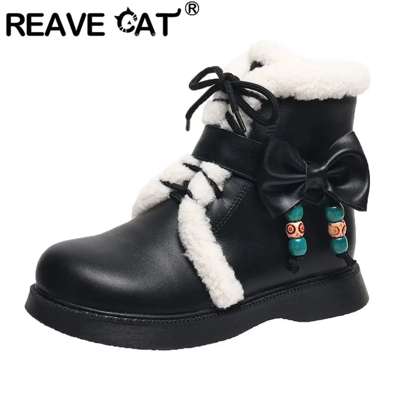 

REAVE CAT Plush Warm Ankle Boots Round Toe 2.5cm Low Heels Zipper Lace Up Bowknot Small Size 31 32 33 Girls Daily Short Booties