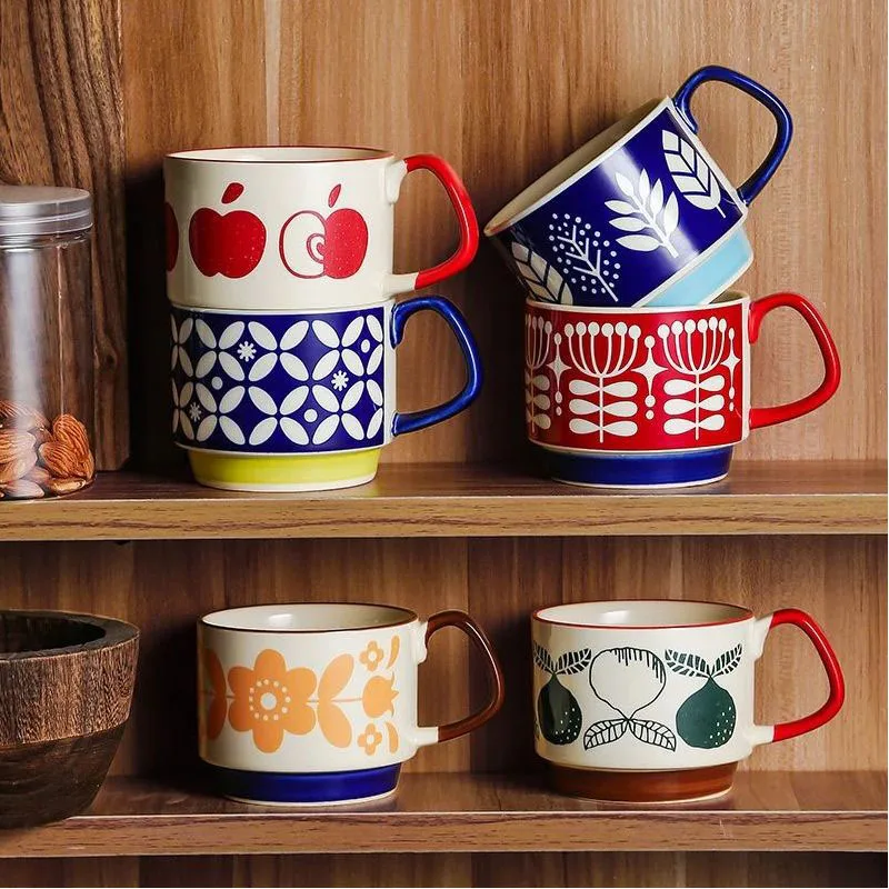 

300ml Japanese Flower Coffee Mug Set Retro Ceramic Milk Oats Mug Office Water Handgrip Cup Kitchen Party Drinkware Set