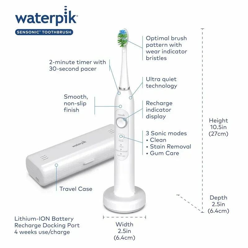Qwwaterpic sensonic sonic electric toothbrush,rechargeable toothbrush for adults with 3 modes,travel case,USB charger,White St