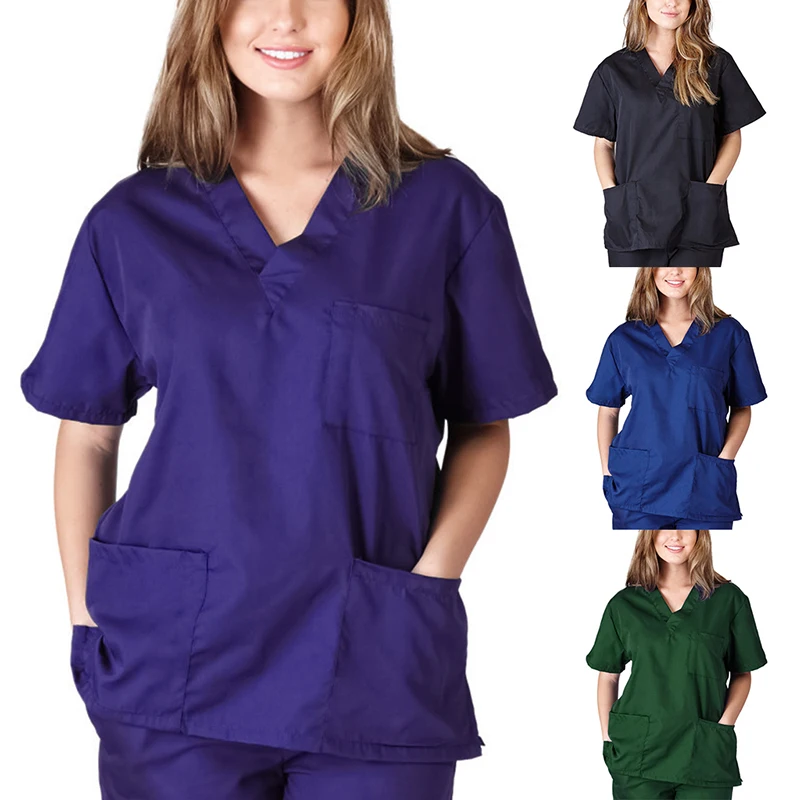 XS-3XL 4 Farben Solide V-ausschnitt Kurzarm Pflege Uniformen Mit Große Tasche Unisex Casual Peeling Medical Working Tops Bluse