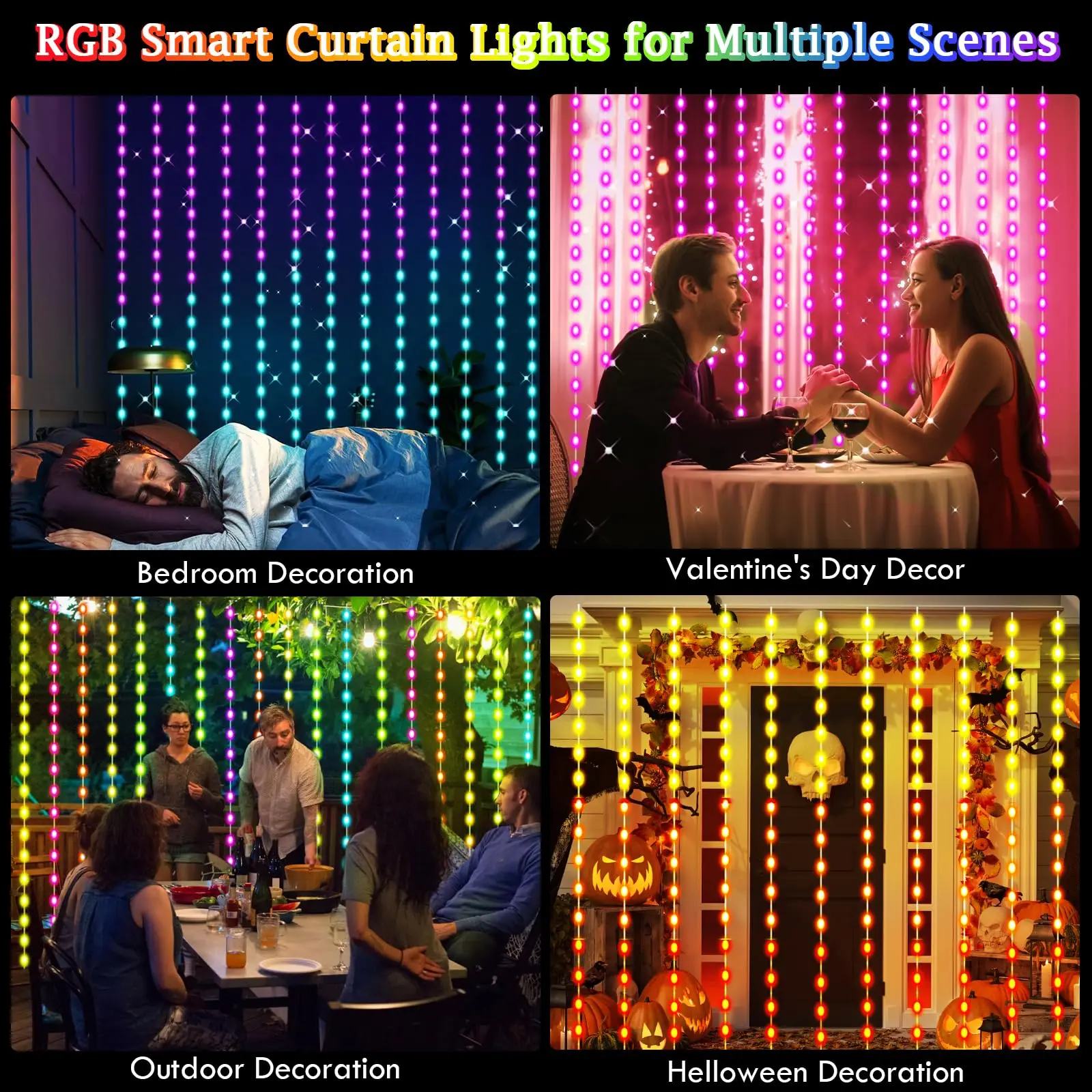 Smart LED Curtain Lights App Control DIY Pattern Music Ambient Lighting RGB Dimmable For Home Holiday Party Halloween Decoration
