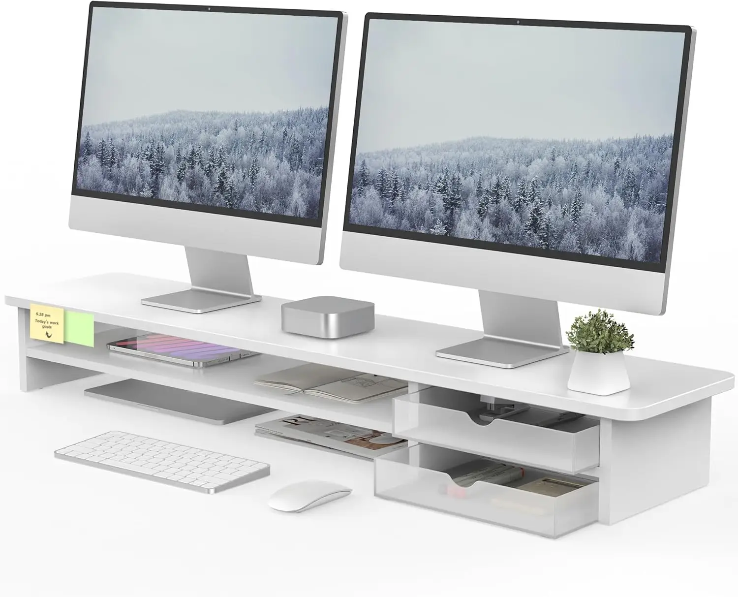 

42.5in Dual Monitor Riser with Drawers, Large Wood & Acrylic Desk Stand for Computer, Laptop, Printer