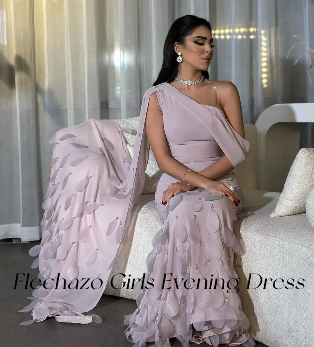 Flechazo Pink Chiffon Evening Dresses One Shoulder Beaded Leaves Formal Elegant Party Gown For Women 2024 vestidos para mujer