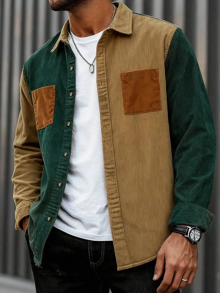 

Men's Corduroy Color Block Button-Down Shirt with Dual Pockets, Casual Streetwear for Spring Autumn