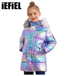 Kids Girls Metallic Hooded Padded Jacket Casual Warm Shiny Outerwear Stand Collar Long Sleeve Zipper Coat