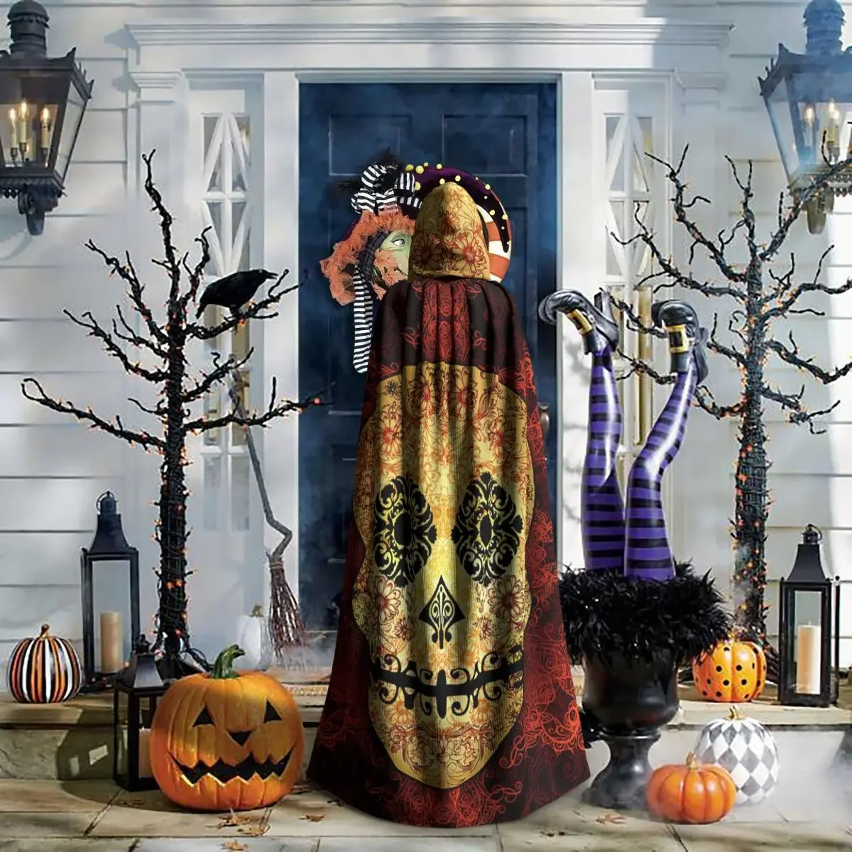 Ornate Floral Sugar Skull Art Print mantello con cappuccio Halloween Party Cosplay donna uomo adulto lungo stregoneria Robe Hood