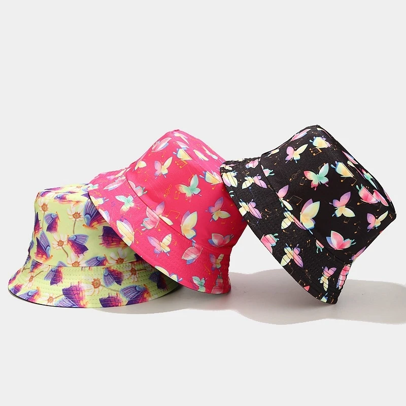 Gradient Butterfly Print Bucket Hat Unisex Casual Cotton Sun Cap