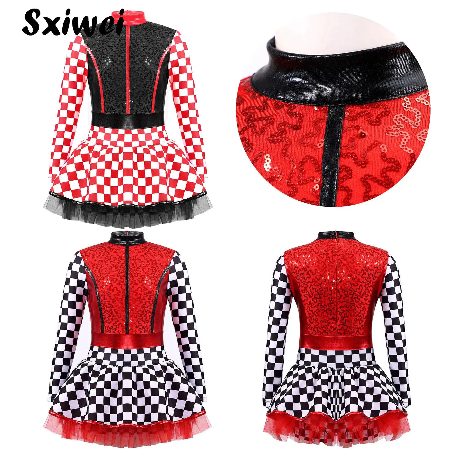 

Kids Girls Halloween Race Car Driver Costume Racer Dress Checkerboard Long Sleeve Sequins Pleated Skirt Racing Driver Dress