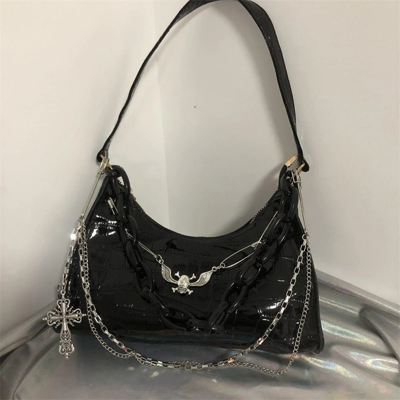 Gothic Dark Punk Underarm Bag With Skull Shoulder Bag Y2k Chain Crocodile Pattern Crossbody Bag Korean Popular Aesthetic Bags