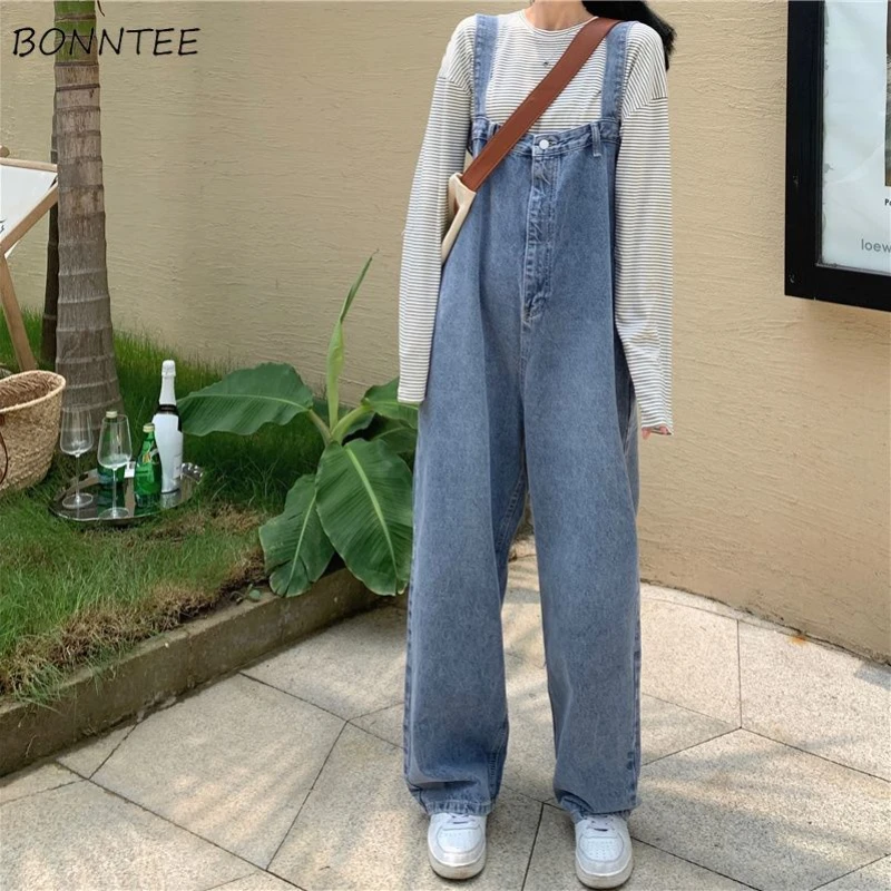 

Jumpsuits Women Denim Loose High Waist Basic Casual Street Wear Cozy College Young Ladies Retro All-match Korean Style Chic Ins