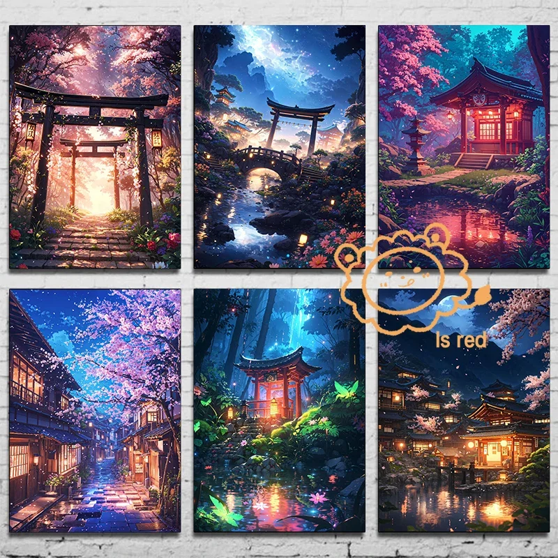 Japanese And Asian Poster Starry Night Glowing Shrine Torii Gate Canvas printing wall decoration frameless painting Home Room