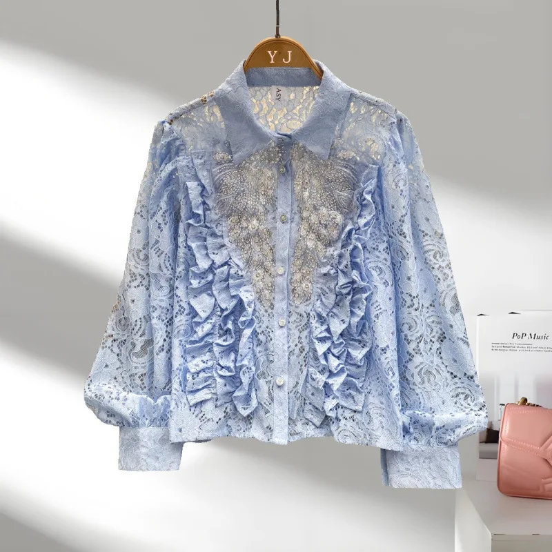 Franse stijl licht luxe socialite zwaar borduurwerk kralen pailletten shirt met lange mouwen voor dames, modieus veelzijdig hol