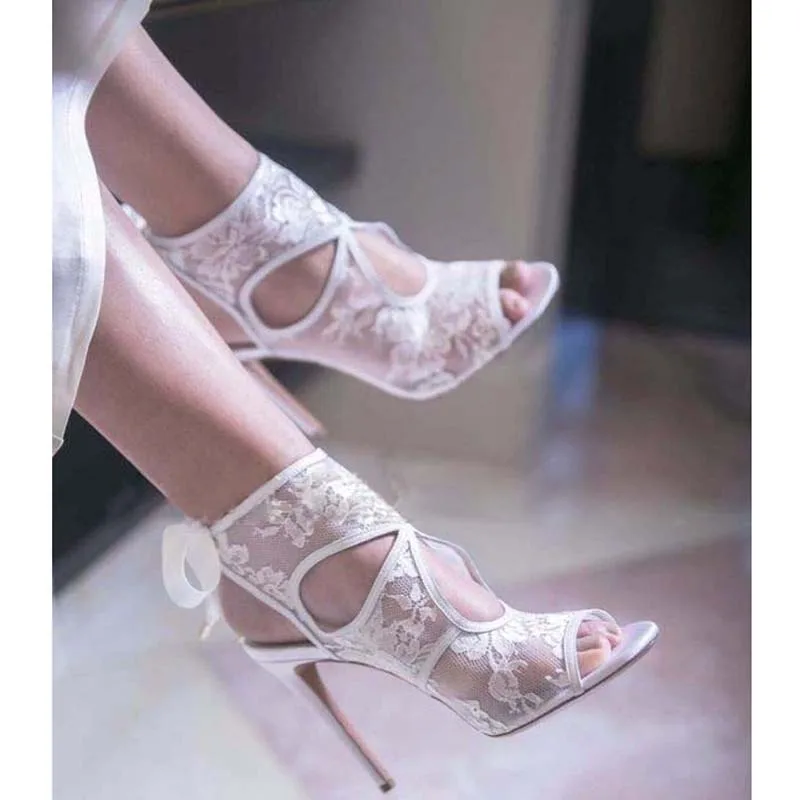 

Fashion Flower Lace Sandals Women Slingback Lace Up Front Cutout Thin High Heel Wedding Sandal Woman Peep Toe Party Dress Shoes