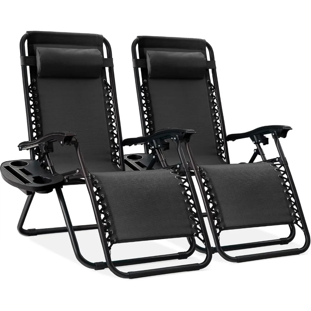 

Set of 2 Adjustable Steel Mesh Zero Gravity Lounge Chair Recliners w/Pillows and Cup Holder Trays - Black